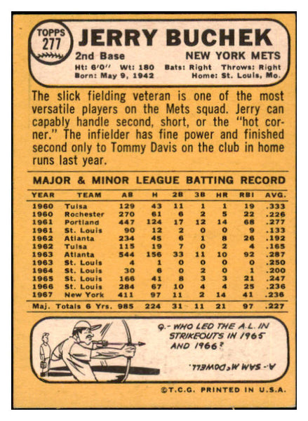 1968 Topps #277 Jerry Buchek Mets Signed Autographed 509462
