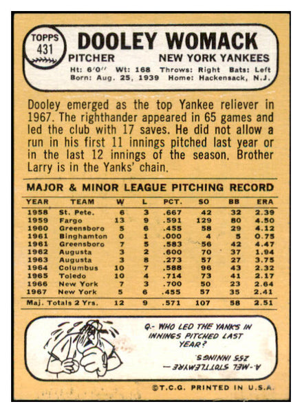 1968 Topps #431 Dooley Womack Yankees Signed Autographed 509509