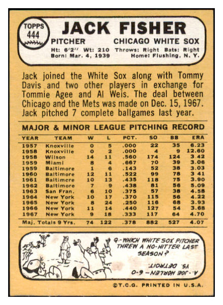1968 Topps #444 Jack Fisher White Sox Signed Autographed 509513