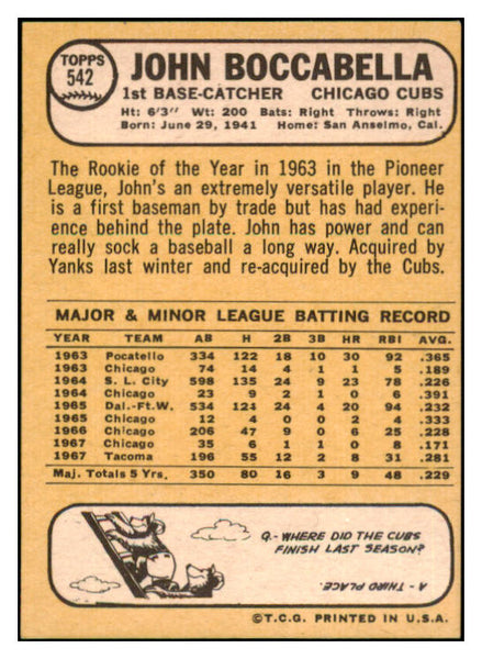1968 Topps #542 John Boccabella Cubs Signed Autographed 509540