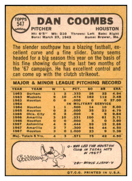 1968 Topps #547 Dan Coombs Astros Signed Autographed 509541