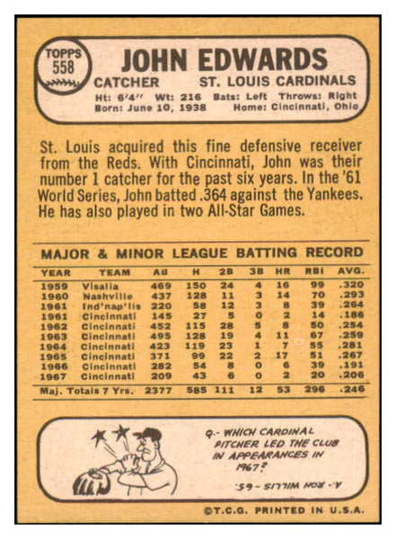 1968 Topps #558 John Edwards Cardinals Signed Autographed 509543