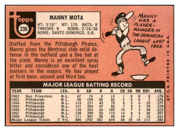 1969 Topps #236 Manny Mota Expos Signed Autographed 509652