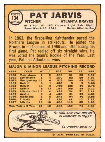 1968 Topps #134 Pat Jarvis Braves Signed Autographed 509810