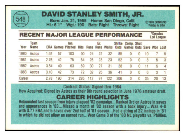 1984 Donruss #548 Dave Smith Astros Signed Autographed 509843