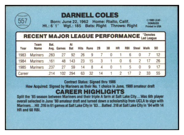 1986 Donruss #557 Darnell Coles Mariners Signed Autographed 509847