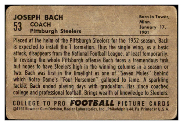 1952 Bowman Large Football #053 Joseph Bach Steelers Fair 510048