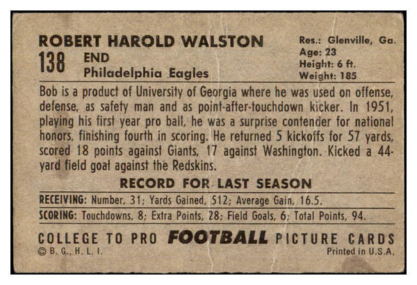 1952 Bowman Large Football #138 Bob Walston Eagles GD-VG 510049
