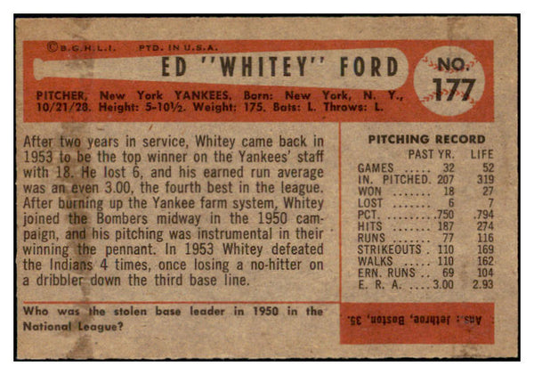 1954 Bowman Baseball #177 Whitey Ford Yankees EX 510051