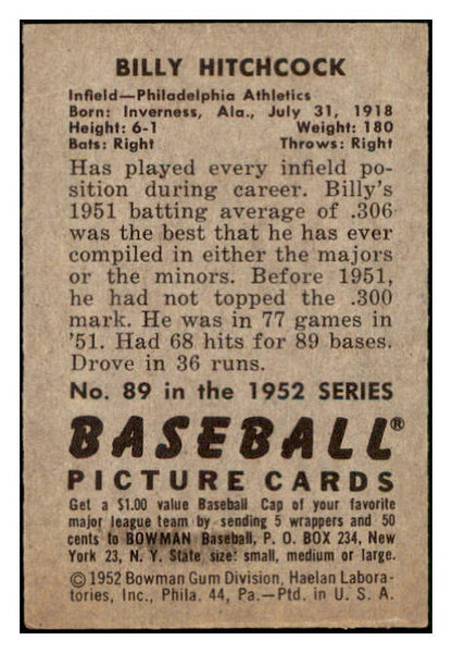 1952 Bowman Baseball #089 Billy Hitchcock A's EX 510121