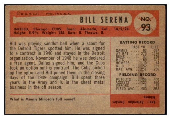 1954 Bowman Baseball #093 Bill Serena Cubs EX-MT 510689