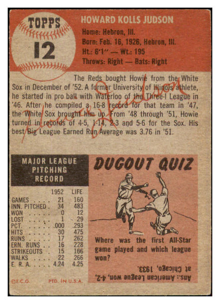 1953 Topps Baseball #012 Howie Judson Reds EX 510733