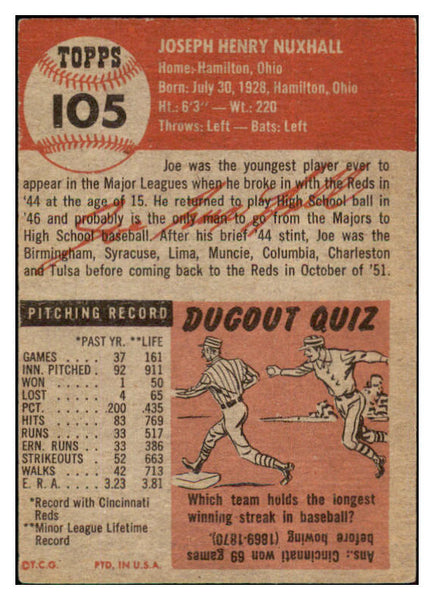 1953 Topps Baseball #105 Joe Nuxhall Reds EX 510735