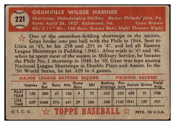 1952 Topps Baseball #221 Granny Hamner Phillies VG 510786