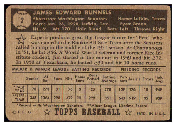 1952 Topps Baseball #002 Pete Runnels Senators Good Black 510797