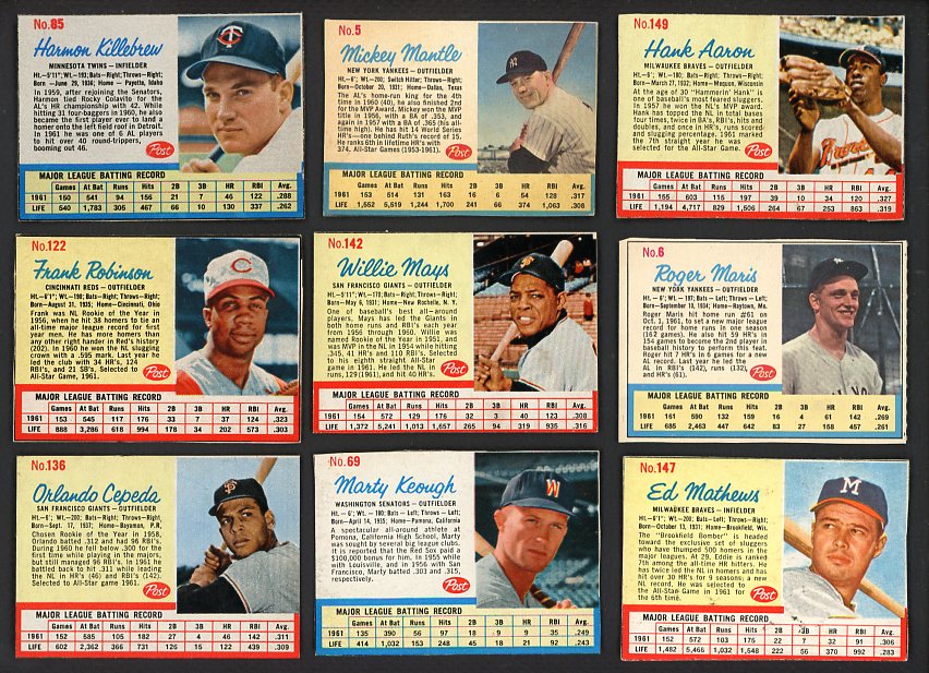 1962 Post Set Lot 15 Diff EX/EX+ Mantle Mays Aaron Maris 510861