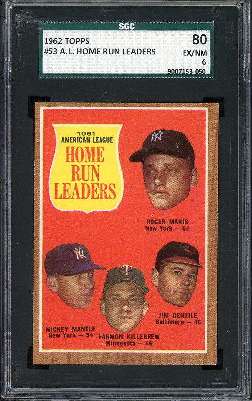 1962 Topps Baseball #053 A.L. Home Run Leaders Mickey Mantle SGC 6 EX-MT  511299