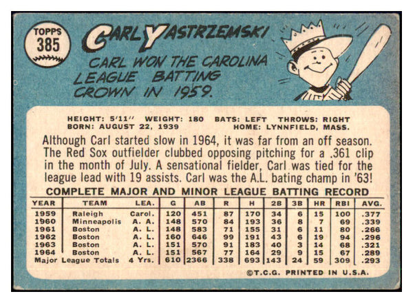 1965 Topps Baseball #385 Carl Yastrzemski Red Sox VG 511331
