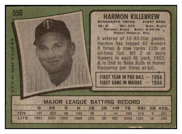 1971 Topps Baseball #550 Harmon Killebrew Twins VG 511573