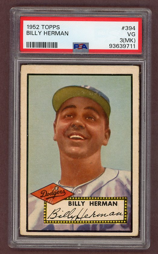 1952 Topps Baseball #394 Billy Herman Dodgers PSA 3 VG mk 511744