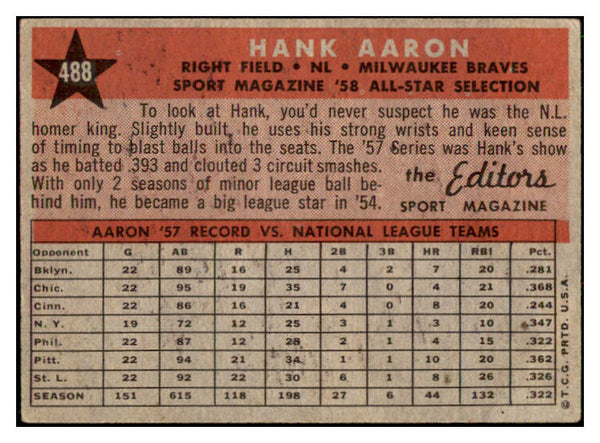 1958 Topps Baseball #488 Hank Aaron A.S. Braves EX 512806