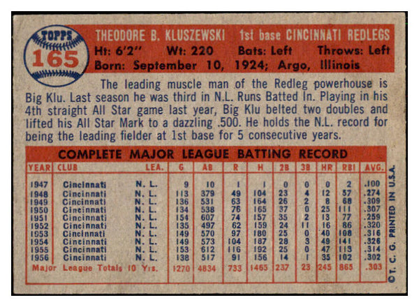 1957 Topps Baseball #165 Ted Kluszewski Reds EX-MT 512878