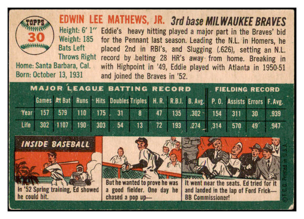 1954 Topps Baseball #030 Eddie Mathews Braves EX 512901