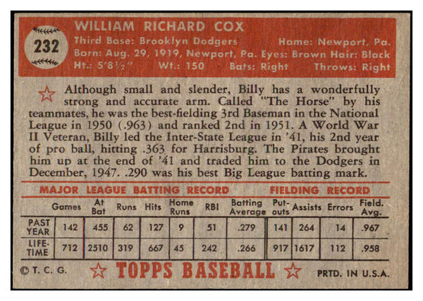 1952 Topps Baseball #232 Billy Cox Dodgers GD-VG 512918