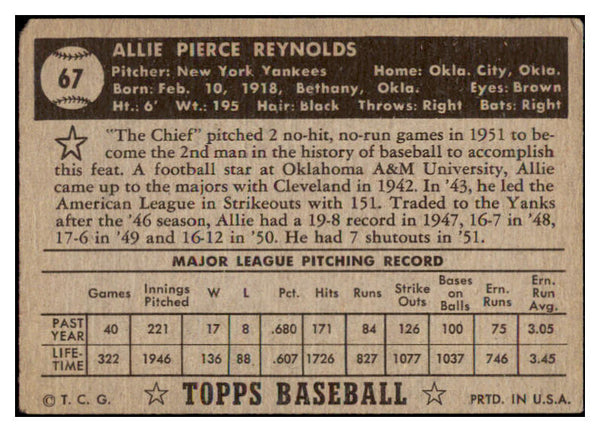 1952 Topps Baseball #067 Allie Reynolds Yankees Good Black 512929