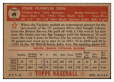 1952 Topps Baseball #049 Johnny Sain Yankees Good Red 512957