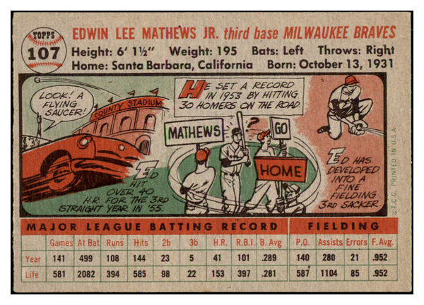 1956 Topps Baseball #107 Eddie Mathews Braves EX-MT Gray 512961
