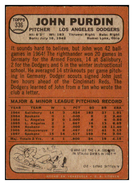 1968 Topps Venezuelan #336 John Purdin Dodgers VG-EX 513147
