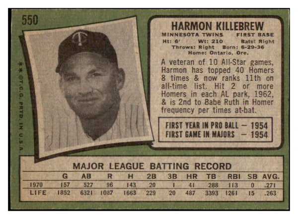 1971 Topps Baseball #550 Harmon Killebrew Twins EX 513357