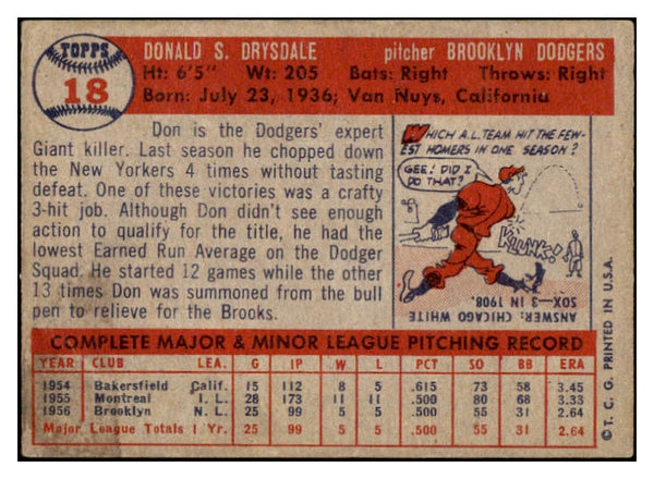 1957 Topps Baseball #018 Don Drysdale Dodgers VG 513400