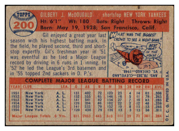 1957 Topps Baseball #200 Gil McDougald Yankees VG-EX 513454