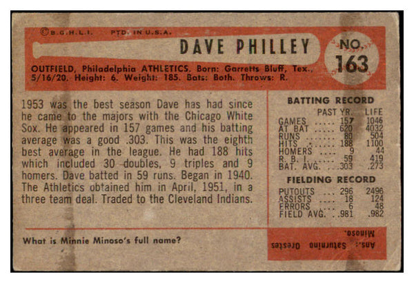1954 Bowman Baseball #163 Dave Philley A's VG-EX Trade 513538