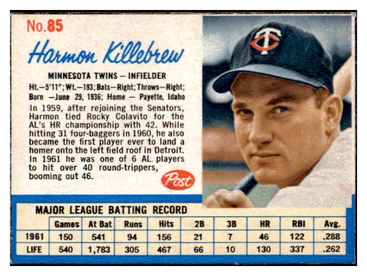 1962 Post Baseball #085 Harmon Killebrew Twins EX-MT 513612