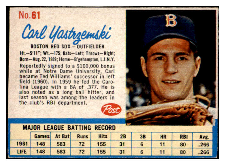 1962 Post Baseball #061 Carl Yastrzemski Red Sox EX 513613