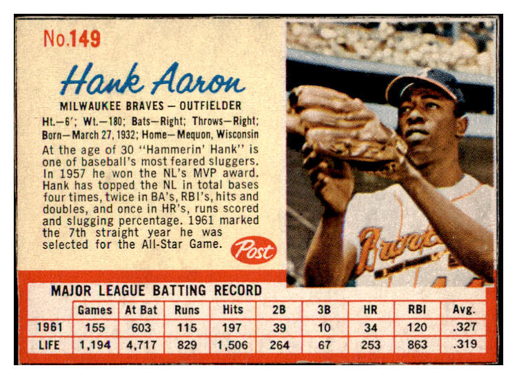 1962 Post Baseball #149 Hank Aaron Braves EX-MT 513623