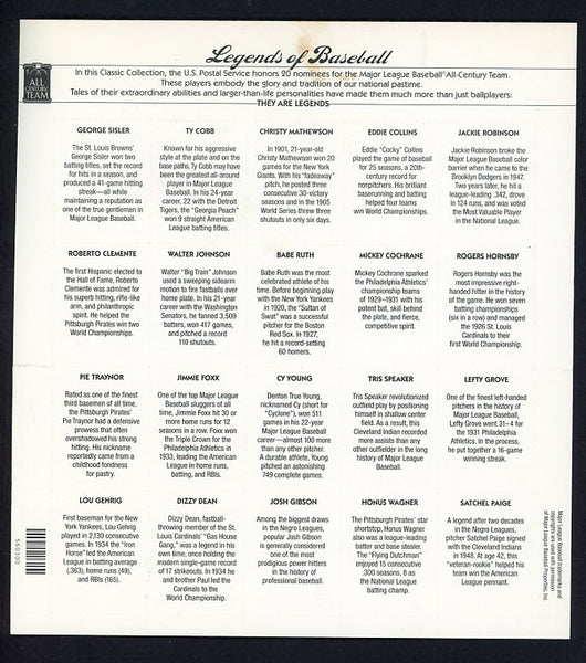 2000 USPS Legends Of Baseball Sheet Of 20 VG-EX Ruth Cobb 513777