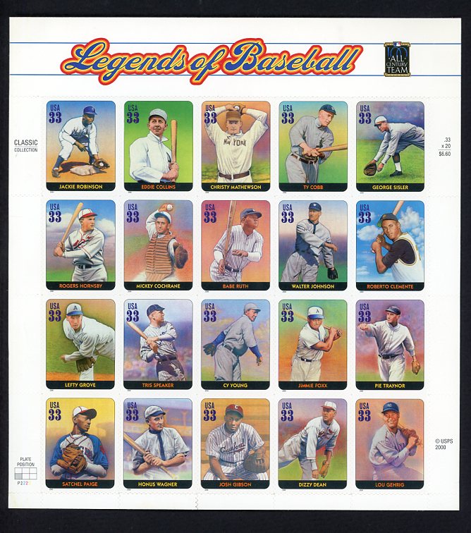 2000 USPS Legends Of Baseball Sheet Of 20 EX Ruth Cobb 513778