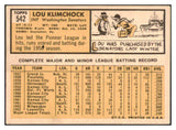 1963 Topps Baseball #542 Lou Klimchock Senators EX-MT 514242