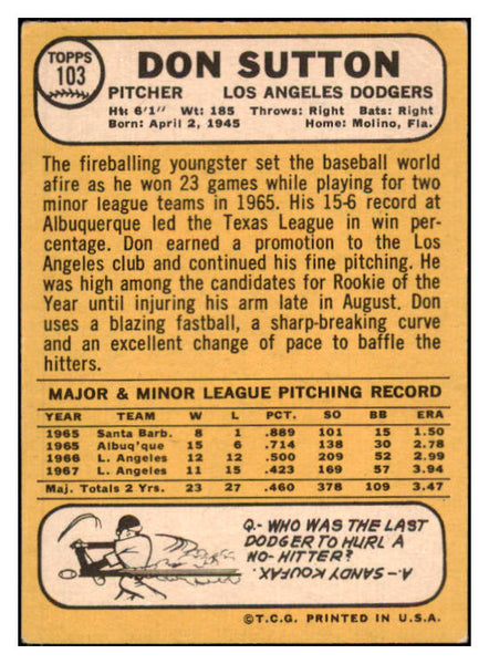 1968 Topps Baseball #103 Don Sutton Dodgers EX 514406