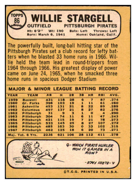 1968 Topps Baseball #086 Willie Stargell Pirates VG-EX 514432