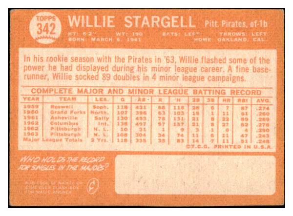 1964 Topps Baseball #342 Willie Stargell Pirates VG-EX 515012