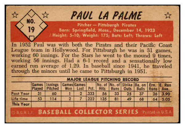 1953 Bowman Black & White Baseball #019 Paul Lapalme Pirates EX 515035