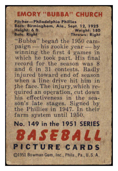 1951 Bowman Baseball #149 Bubba Church Phillies VG-EX 515120