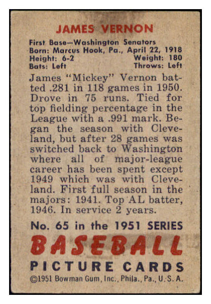 1951 Bowman Baseball #065 Mickey Vernon Senators VG-EX 515122