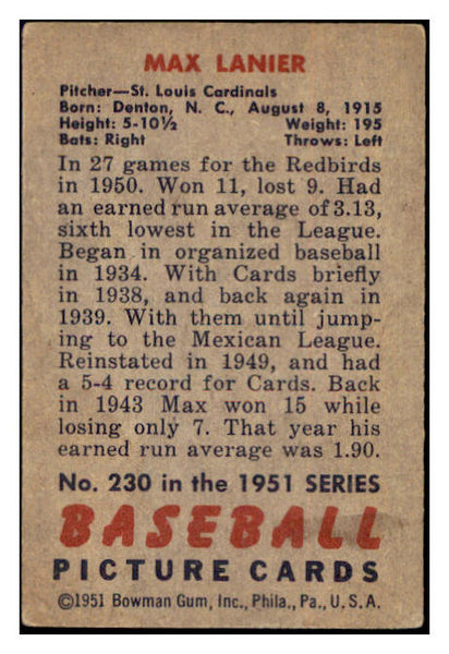 1951 Bowman Baseball #230 Max Lanier Cardinals VG-EX 515127