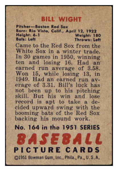 1951 Bowman Baseball #164 Bill Wight Red Sox VG-EX 515130
